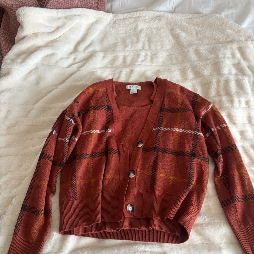 Rachel Zoe Rust Plaid Cardigan Sweater and tank top 2 piece